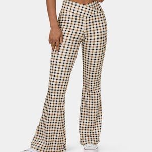 High Waisted Crossover Vintage Plaid Casual Super Flare Pants SIZE L
